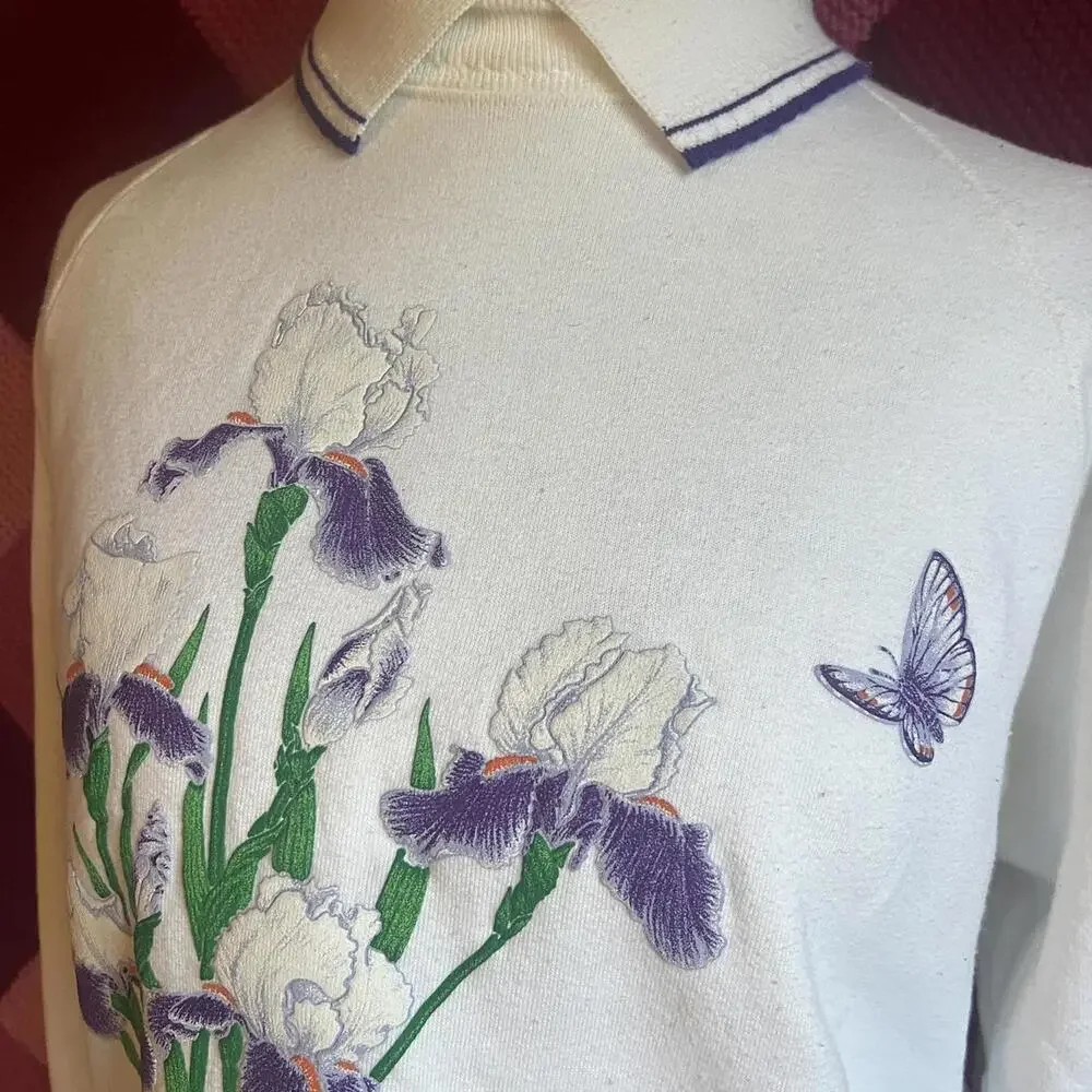 vintage 90s iris flower white collared sweatshirt - Picture 3 of 8